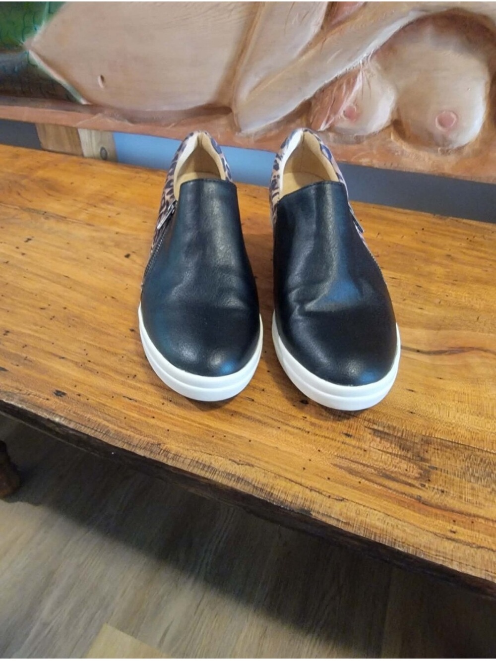Naturalizer Black Leather Slip-On Sneakers with Leopard Print Heel - Picture 2 of 5